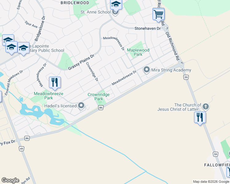 map of restaurants, bars, coffee shops, grocery stores, and more near 522 Meadowcreek Circle in Ottawa