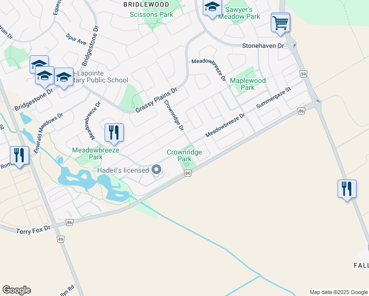 map of restaurants, bars, coffee shops, grocery stores, and more near Meadowbreeze Drive in Ottawa
