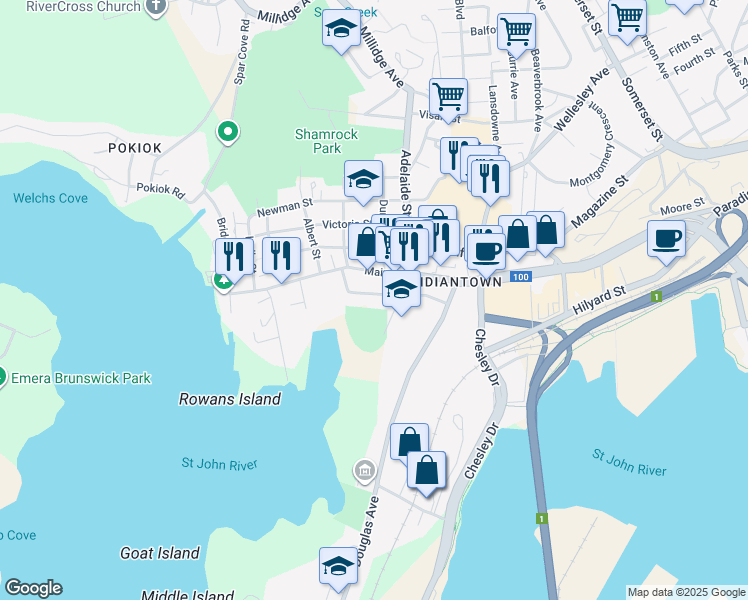 map of restaurants, bars, coffee shops, grocery stores, and more near 30 Clarendon Street in Saint John