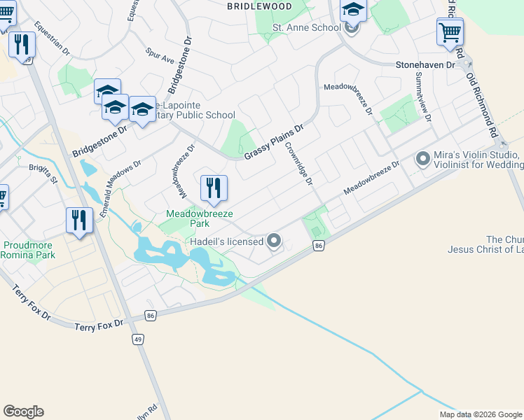 map of restaurants, bars, coffee shops, grocery stores, and more near 225 Rivertree Street in Ottawa