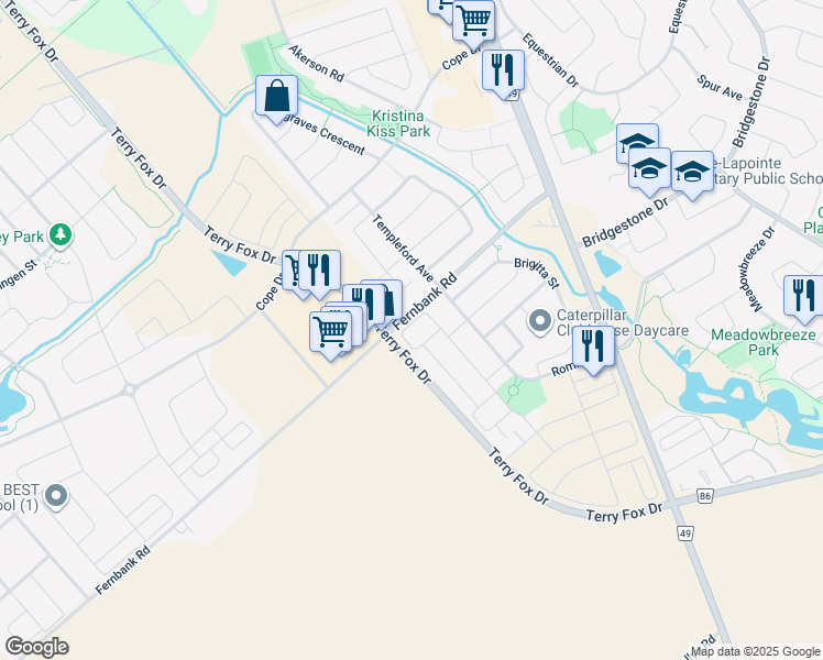 map of restaurants, bars, coffee shops, grocery stores, and more near 207 Overberg Way in Ottawa