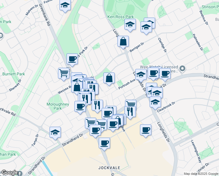 map of restaurants, bars, coffee shops, grocery stores, and more near 47a Tayside Private in Ottawa