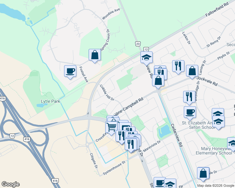 map of restaurants, bars, coffee shops, grocery stores, and more near 310 Fergus Crescent in Ottawa