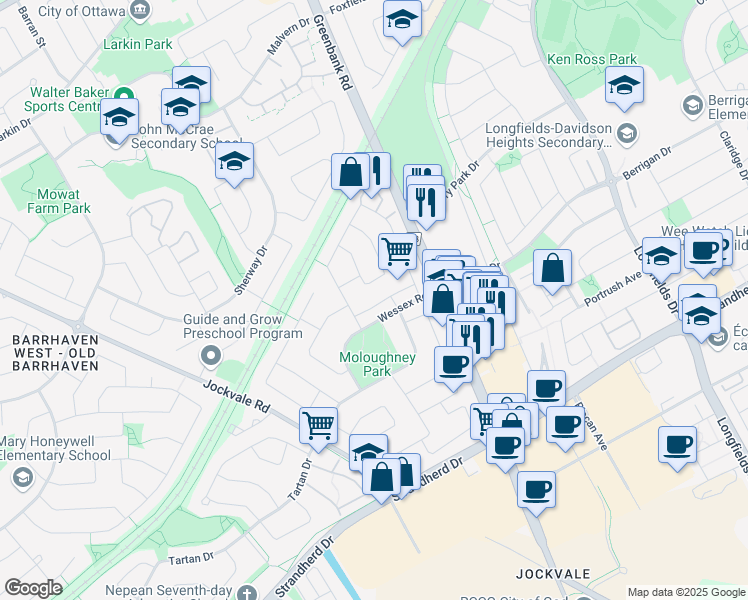 map of restaurants, bars, coffee shops, grocery stores, and more near 27 Trafford Lane in Ottawa