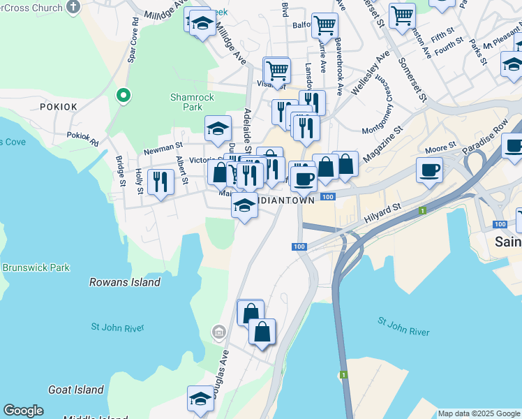 map of restaurants, bars, coffee shops, grocery stores, and more near Clarendon Street in Saint John