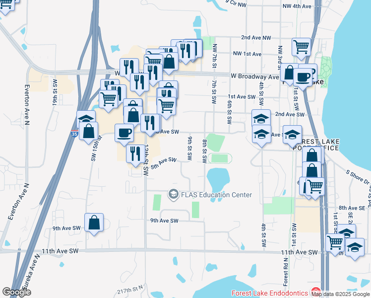 map of restaurants, bars, coffee shops, grocery stores, and more near 404 9th Street Southwest in Forest Lake