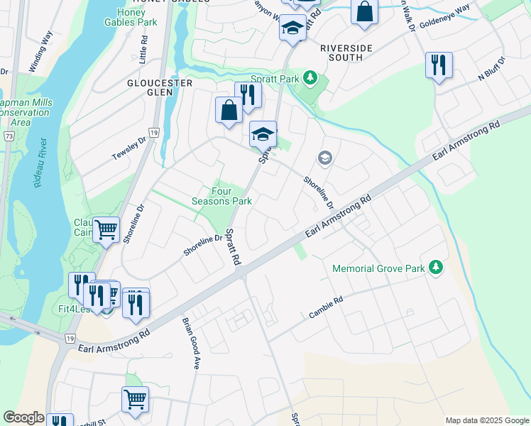 map of restaurants, bars, coffee shops, grocery stores, and more near 743 Hot Springs Way in Ottawa