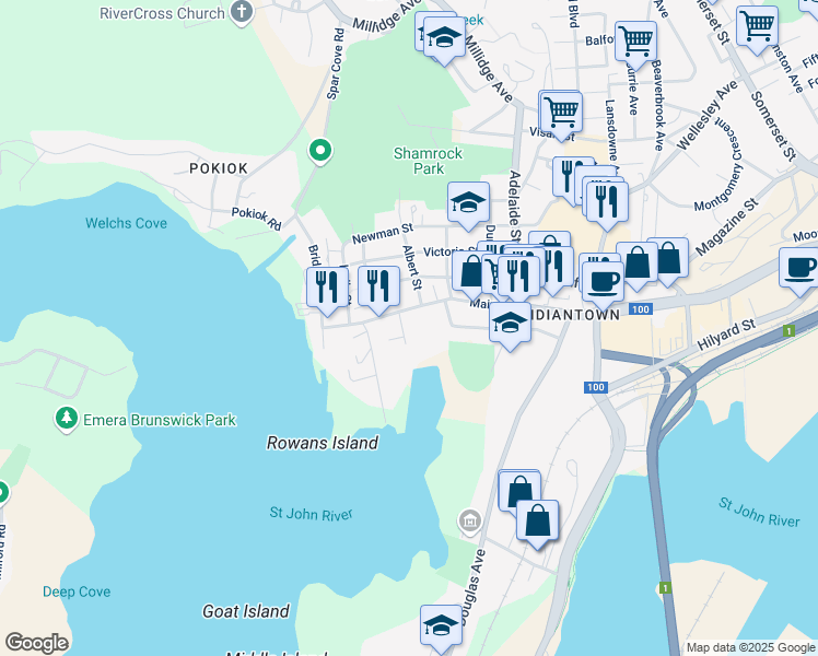 map of restaurants, bars, coffee shops, grocery stores, and more near 20 Cedar Street in Saint John
