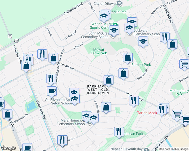 map of restaurants, bars, coffee shops, grocery stores, and more near 34 Melville Drive in Ottawa