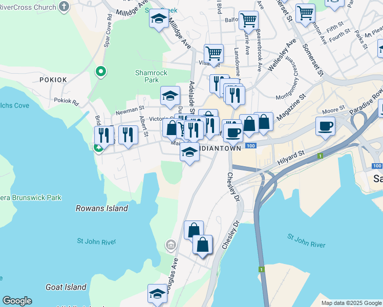 map of restaurants, bars, coffee shops, grocery stores, and more near 55 Clarendon Street in Saint John