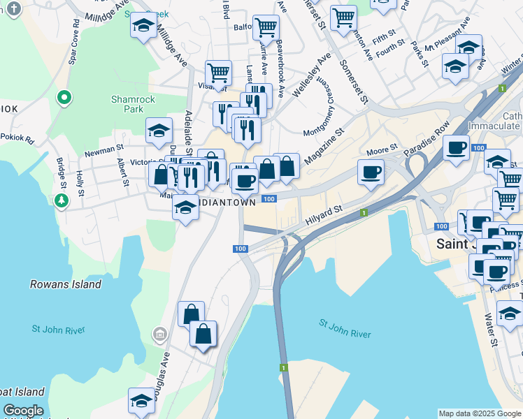 map of restaurants, bars, coffee shops, grocery stores, and more near Chesley Drive in Saint John