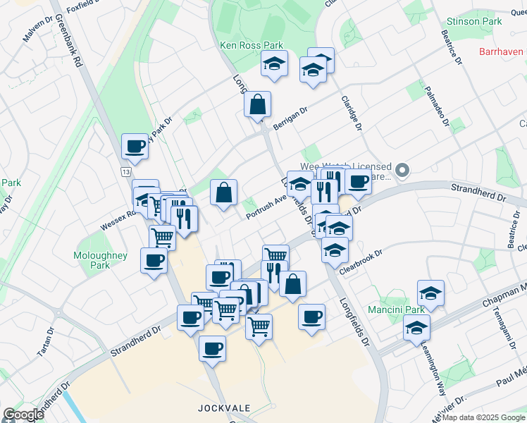 map of restaurants, bars, coffee shops, grocery stores, and more near 219 Portrush Avenue in Ottawa
