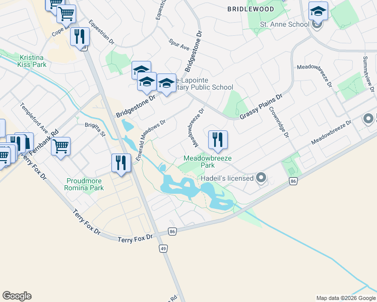 map of restaurants, bars, coffee shops, grocery stores, and more near 58 Fernbrook Place in Ottawa