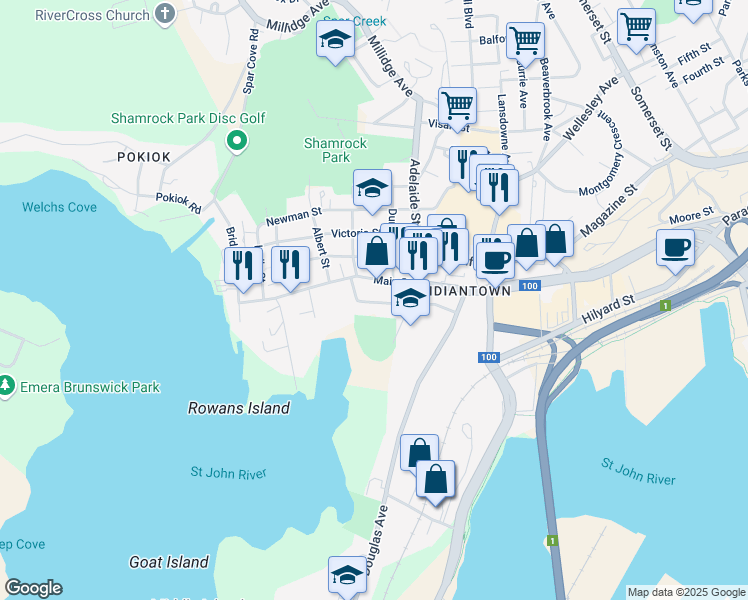 map of restaurants, bars, coffee shops, grocery stores, and more near 15 Clarendon Street in Saint John
