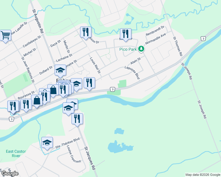 map of restaurants, bars, coffee shops, grocery stores, and more near 1099 Notre-Dame Street in Embrun