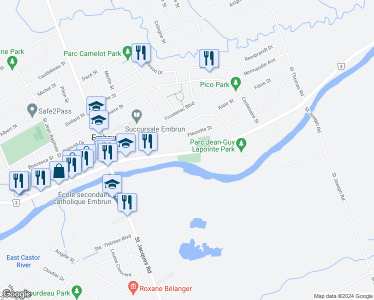 map of restaurants, bars, coffee shops, grocery stores, and more near 1093 Notre Dame Street in Embrun