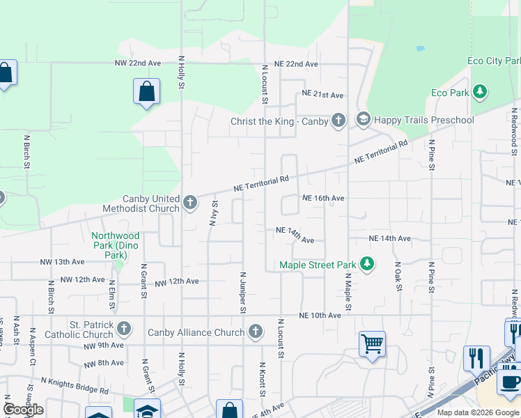 map of restaurants, bars, coffee shops, grocery stores, and more near 1517 North Locust Street in Canby