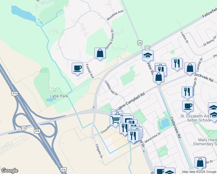 map of restaurants, bars, coffee shops, grocery stores, and more near 1125 Cobble Hill Drive in Ottawa
