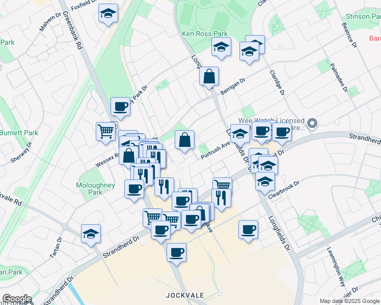 map of restaurants, bars, coffee shops, grocery stores, and more near 47a Tayside Private in Ottawa