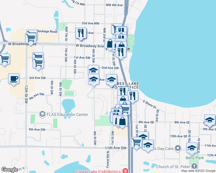 map of restaurants, bars, coffee shops, grocery stores, and more near 212 Southwest 4th Avenue in Forest Lake