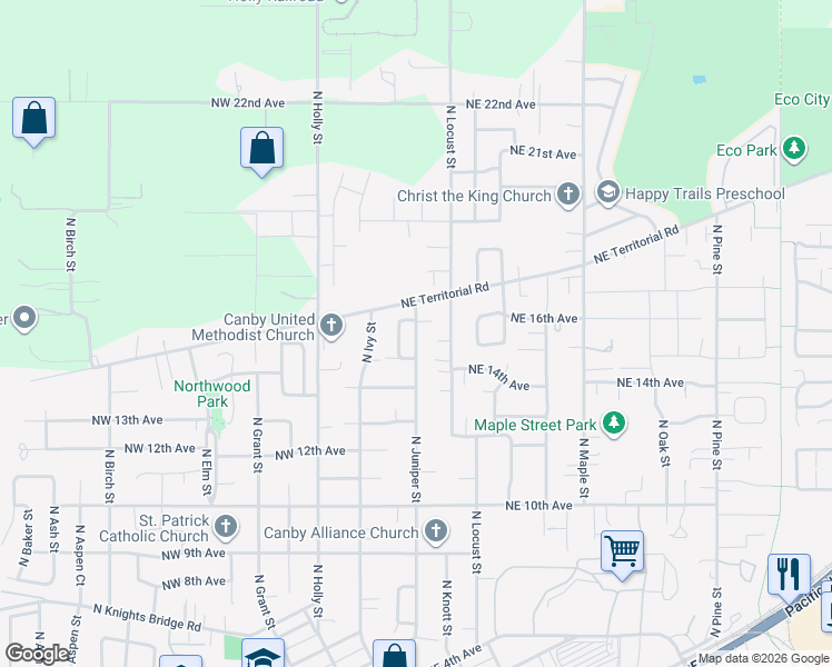 map of restaurants, bars, coffee shops, grocery stores, and more near 1475 North Juniper Street in Canby