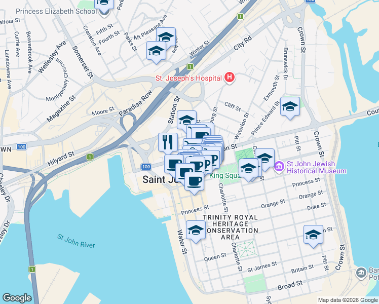 map of restaurants, bars, coffee shops, grocery stores, and more near 9 Wellington Row in Saint John