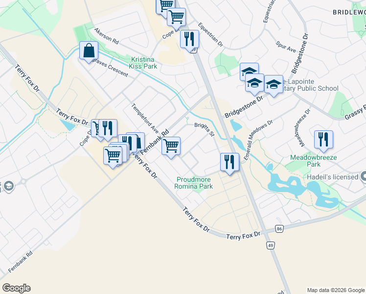 map of restaurants, bars, coffee shops, grocery stores, and more near 213 Opus Street in Ottawa