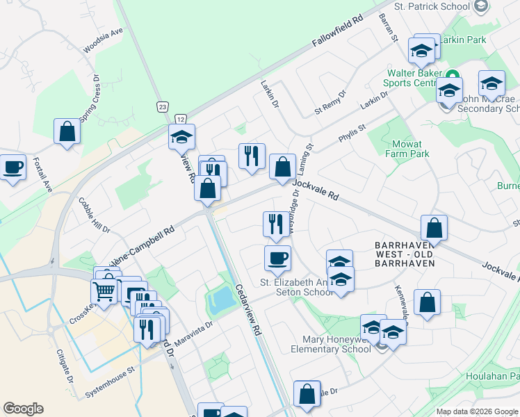 map of restaurants, bars, coffee shops, grocery stores, and more near 46 Beddington Avenue in Ottawa