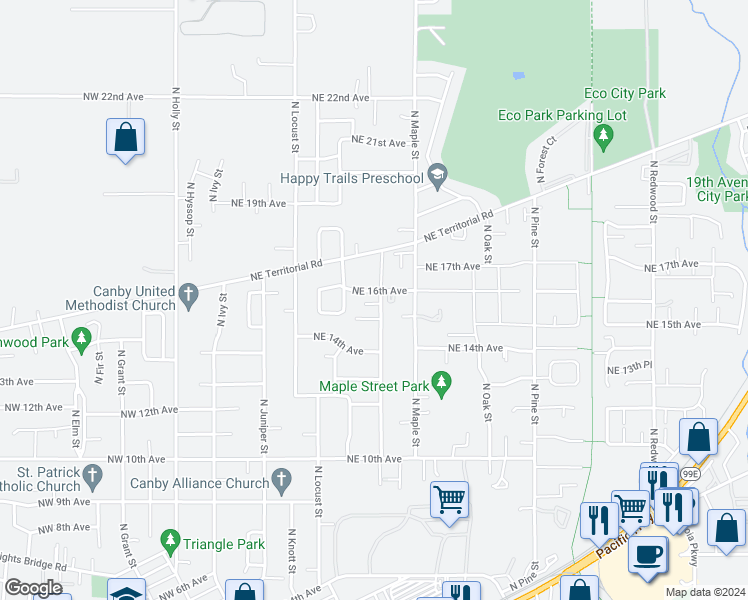 map of restaurants, bars, coffee shops, grocery stores, and more near 1549 North Manzanita Street in Canby