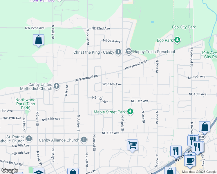 map of restaurants, bars, coffee shops, grocery stores, and more near 1551 Northeast Laurelwood Circle in Canby