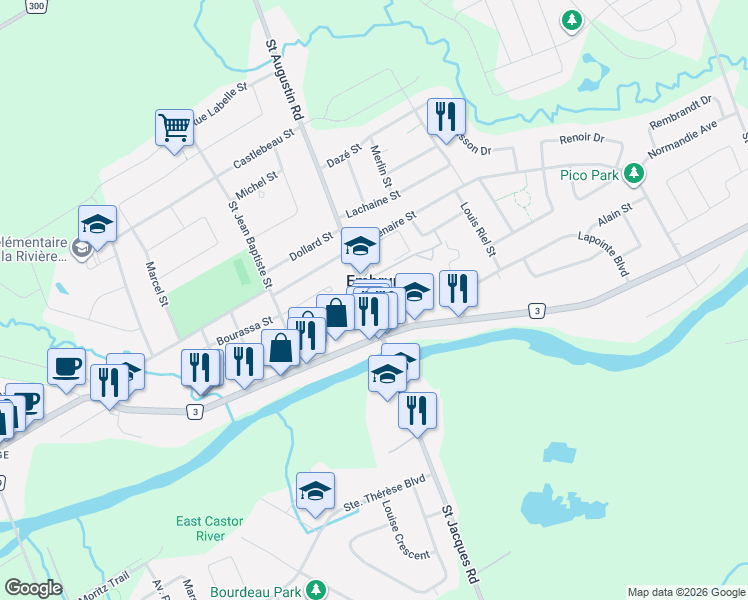 map of restaurants, bars, coffee shops, grocery stores, and more near 5 Forget Street in Embrun