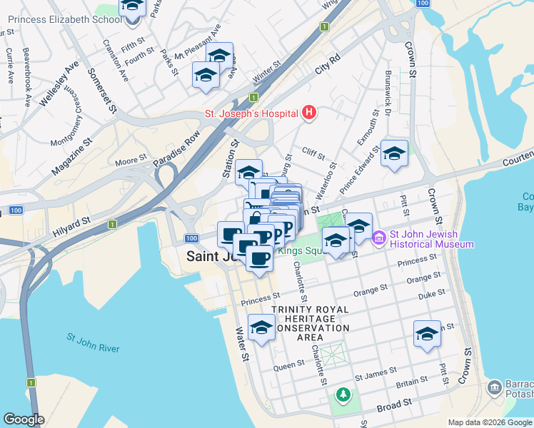 map of restaurants, bars, coffee shops, grocery stores, and more near 5 Dorchester Street in Saint John