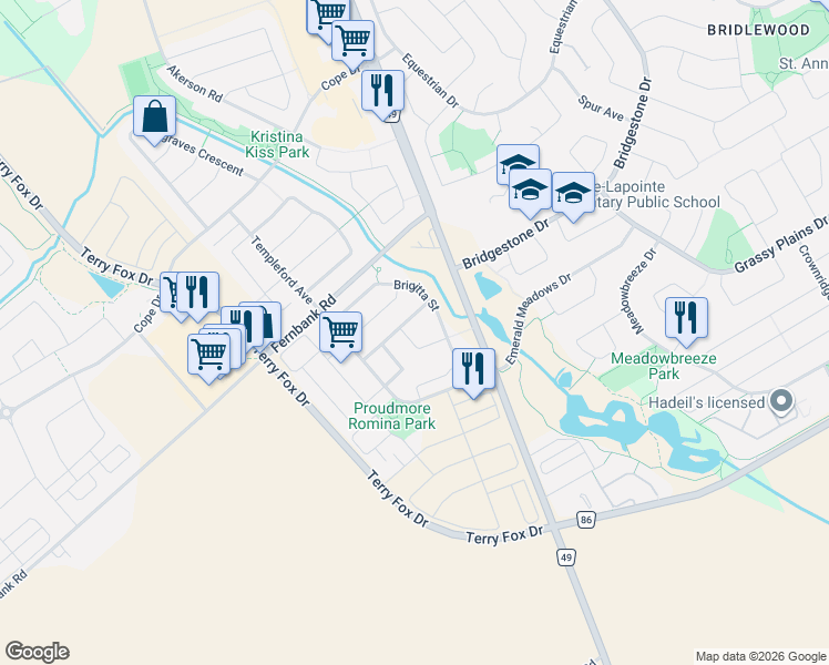 map of restaurants, bars, coffee shops, grocery stores, and more near 343 Amici Terrace in Ottawa
