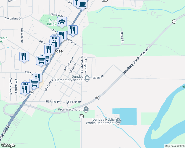 map of restaurants, bars, coffee shops, grocery stores, and more near 763 Southeast Boysen Lane in Dundee