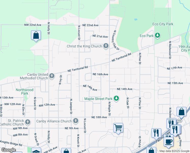 map of restaurants, bars, coffee shops, grocery stores, and more near 1551 Northeast Laurelwood Circle in Canby