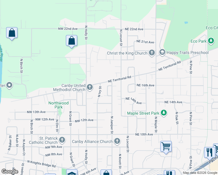 map of restaurants, bars, coffee shops, grocery stores, and more near 1565 North Juniper Place in Canby