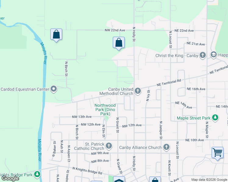 map of restaurants, bars, coffee shops, grocery stores, and more near 1452 North Fir Street in Canby