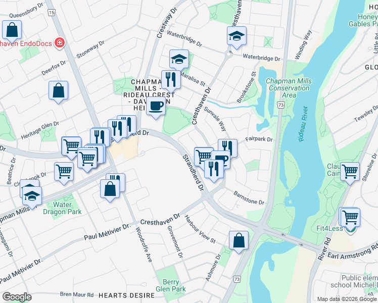 map of restaurants, bars, coffee shops, grocery stores, and more near Timberline Private in Ottawa
