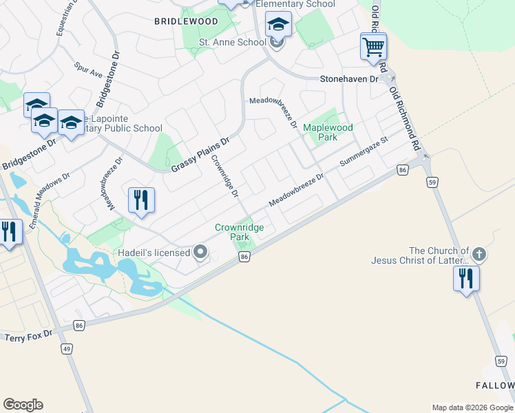 map of restaurants, bars, coffee shops, grocery stores, and more near 311 Meadowbreeze Drive in Ottawa