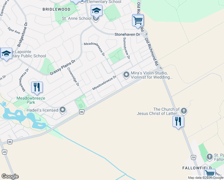 map of restaurants, bars, coffee shops, grocery stores, and more near 161 Flowing Creek Circle in Ottawa