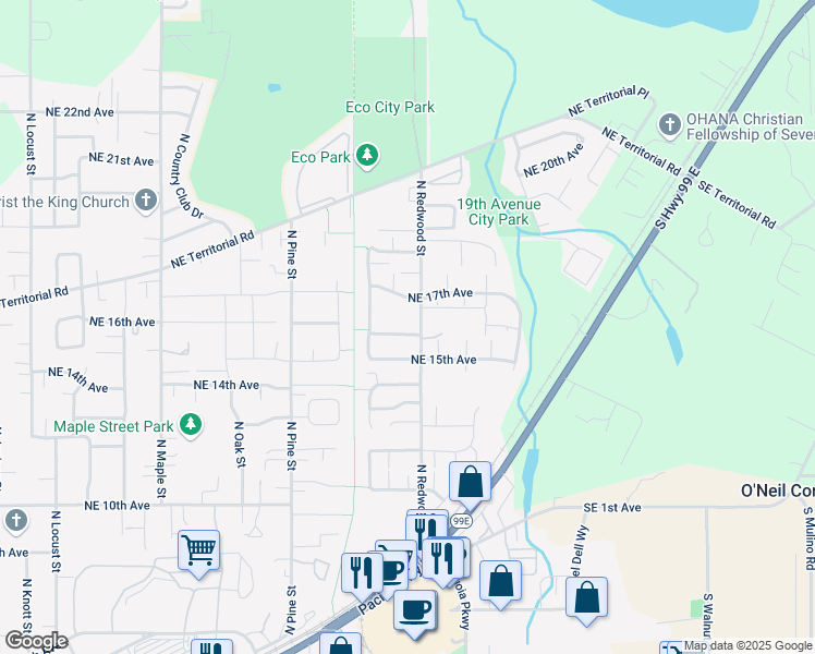 map of restaurants, bars, coffee shops, grocery stores, and more near 1410 Northeast 15th Avenue in Canby