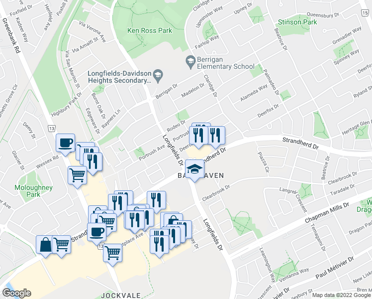 map of restaurants, bars, coffee shops, grocery stores, and more near 195 Deercroft Avenue in Ottawa