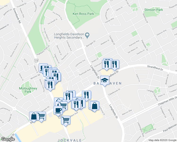 map of restaurants, bars, coffee shops, grocery stores, and more near 191 Portrush Avenue in Ottawa