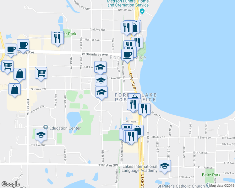 map of restaurants, bars, coffee shops, grocery stores, and more near 254 2nd Street Southwest in Forest Lake