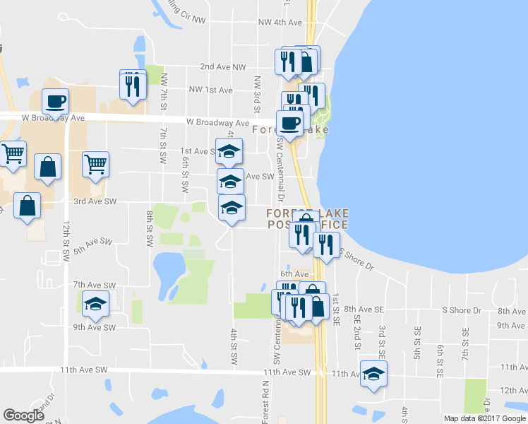 map of restaurants, bars, coffee shops, grocery stores, and more near 254 2nd Street Southwest in Forest Lake
