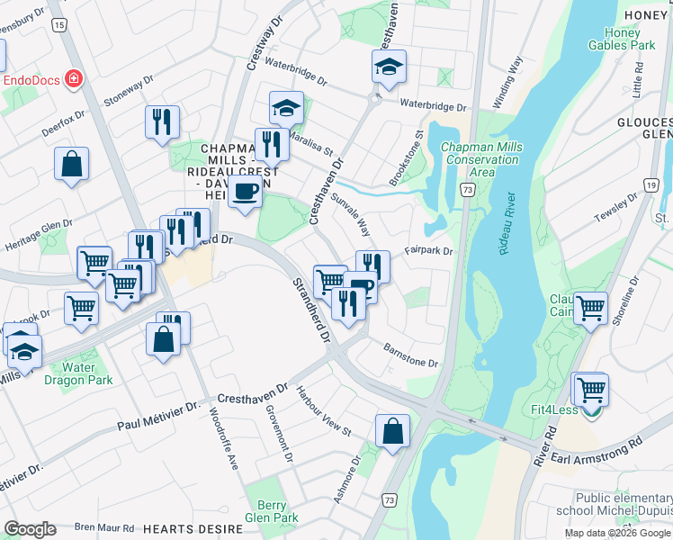 map of restaurants, bars, coffee shops, grocery stores, and more near 240 Cresthaven Drive in Ottawa