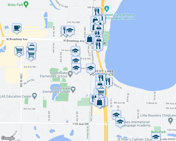 map of restaurants, bars, coffee shops, grocery stores, and more near 208 3rd Avenue Southwest in Forest Lake