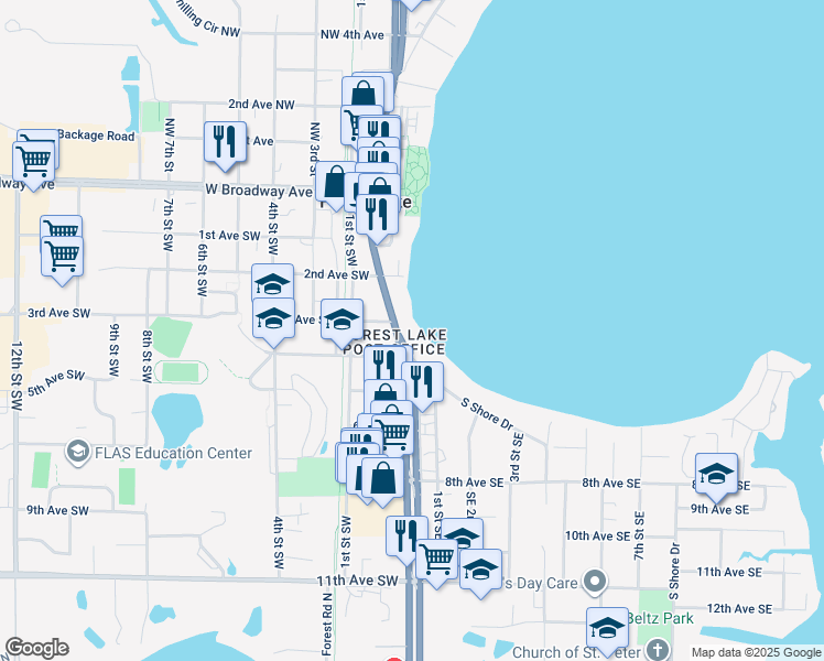 map of restaurants, bars, coffee shops, grocery stores, and more near 279 Lake Street South in Forest Lake