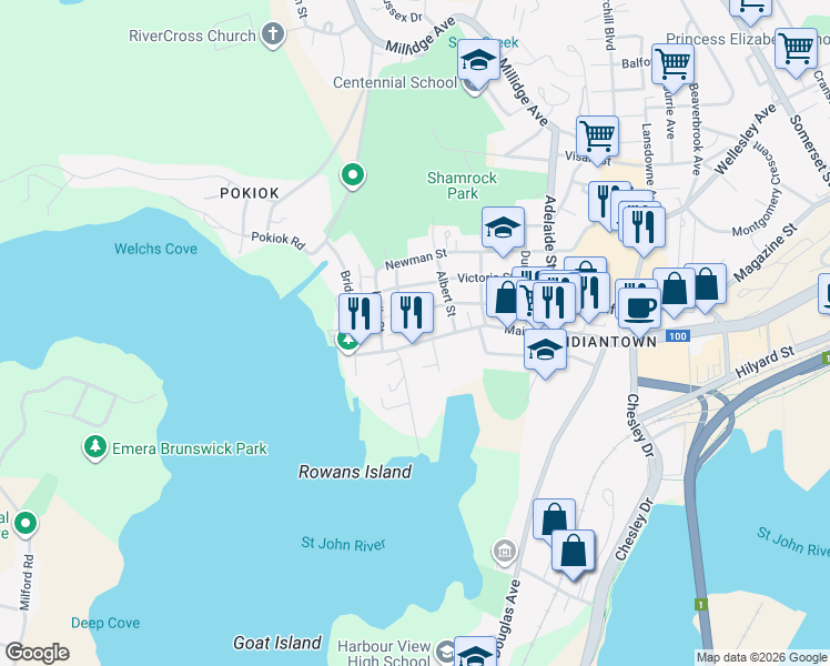 map of restaurants, bars, coffee shops, grocery stores, and more near 2 Cunard Street in Saint John