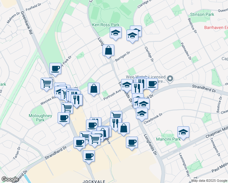 map of restaurants, bars, coffee shops, grocery stores, and more near 200 Portrush Avenue in Ottawa